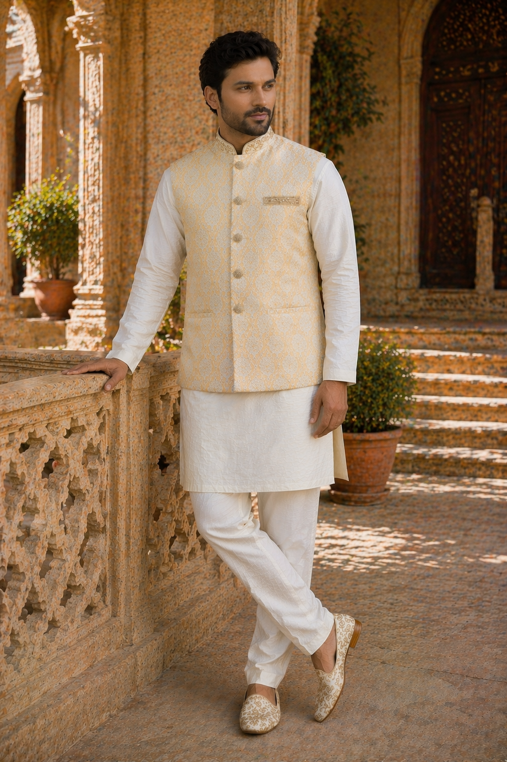Men’s cream and gold Nehru jacket Indian waistcoat for weddings UK front view