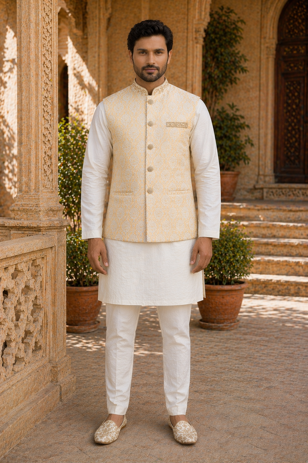 Cream gold Nehru jacket with kurta pajama Indian wedding outfit for men UK