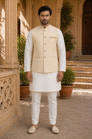 Cream gold Nehru jacket with kurta pajama Indian wedding outfit for men UK