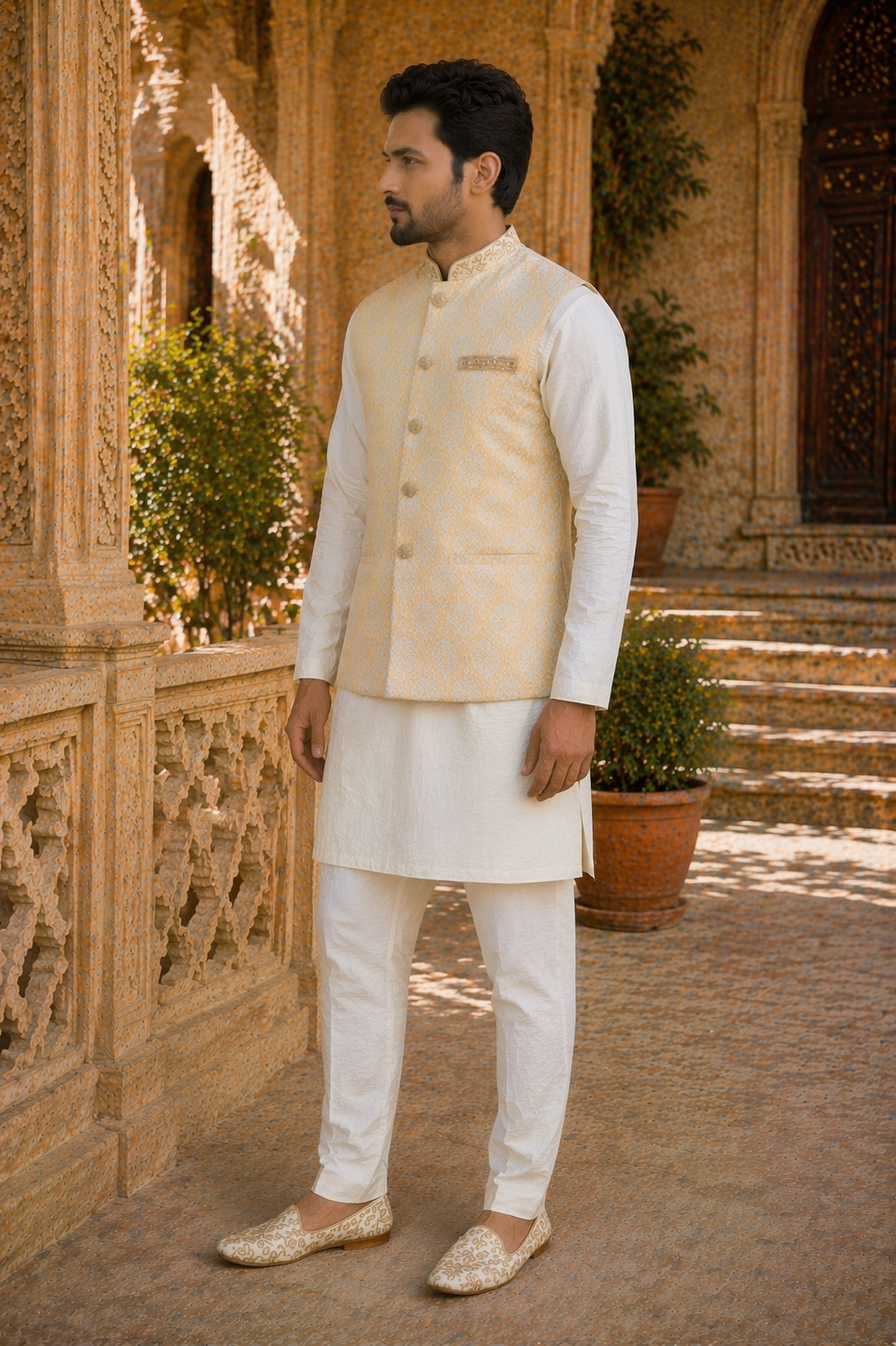 Men’s cream gold Nehru jacket side view Indian wedding waistcoat outfit