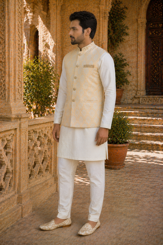 Men’s cream gold Nehru jacket side view Indian wedding waistcoat outfit