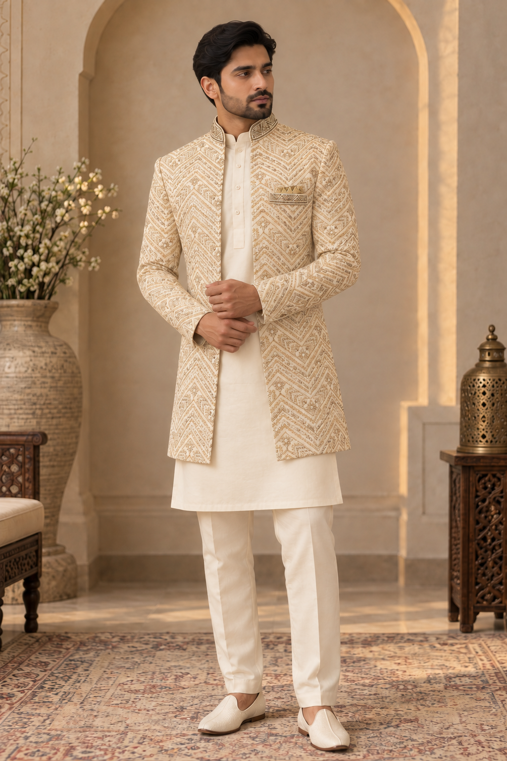 Mens Indian Cream Jodhpuri Prince Jacket 