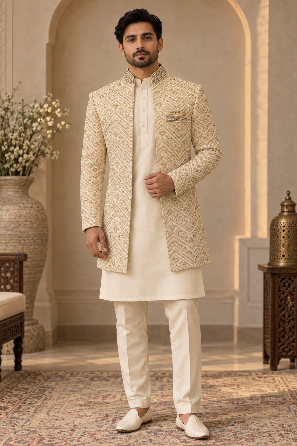 Mens Indian Cream Jodhpuri Prince Jacket 