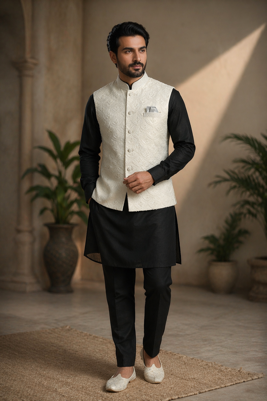 Men's Cream Sequin Embroidered Indian Nehru Jacket