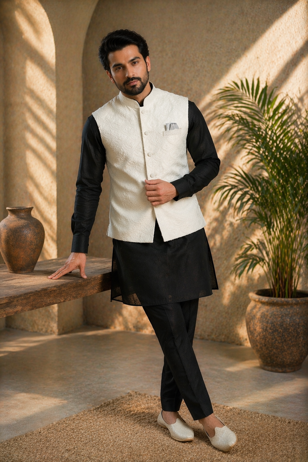 Mens cream indian nehru jacket with sequin embroidery, perfect for weddings formal events. UK delivery