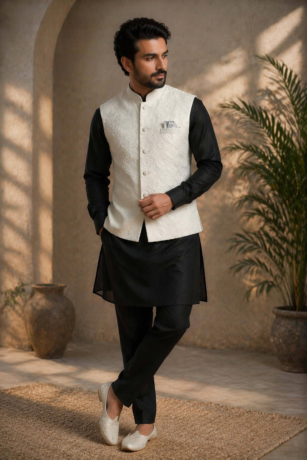 Mens cream indian nehru jacket with sequin embroidery, perfect for weddings formal events. UK delivery