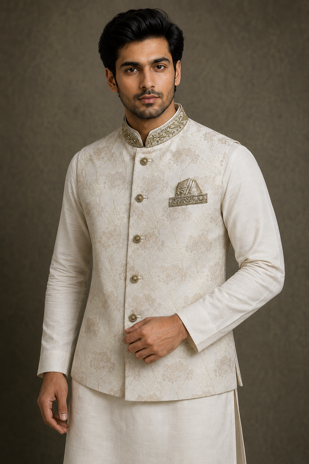 mens indian nehru jacket cream floral design waistcoat