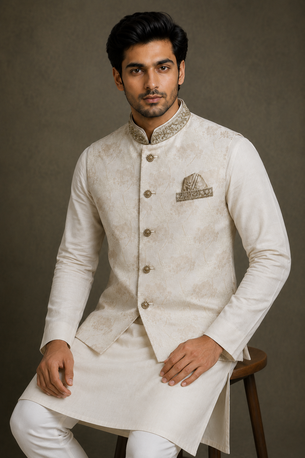 mens indian nehru jacket cream floral design waistcoat