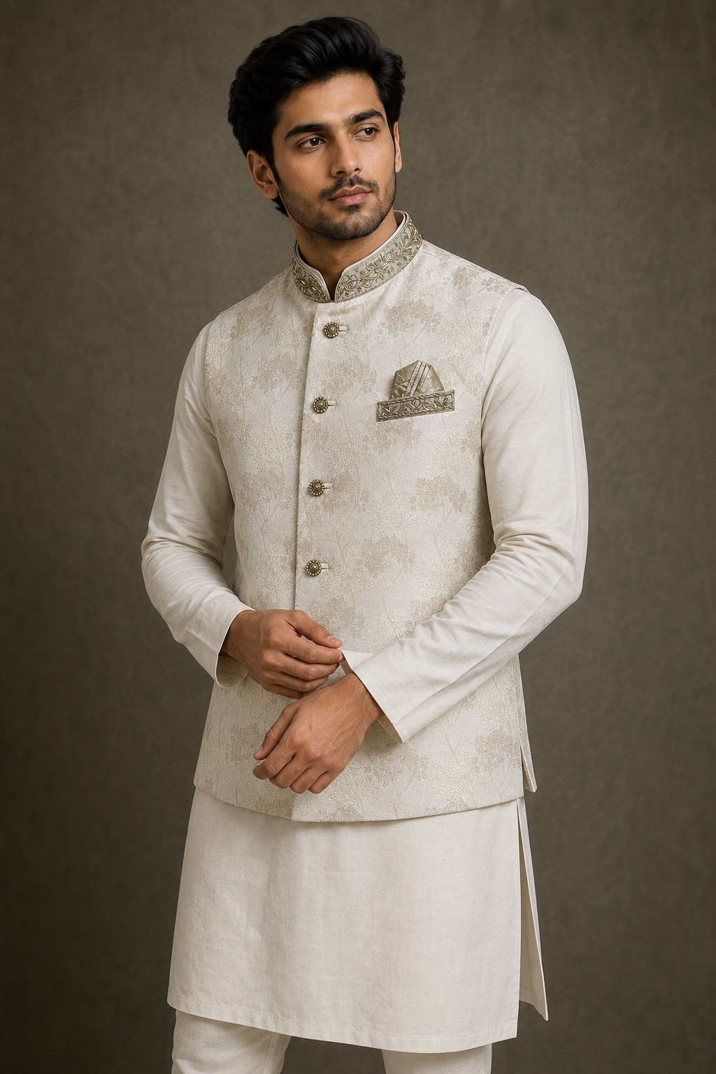 mens indian nehru jacket cream floral design waistcoat