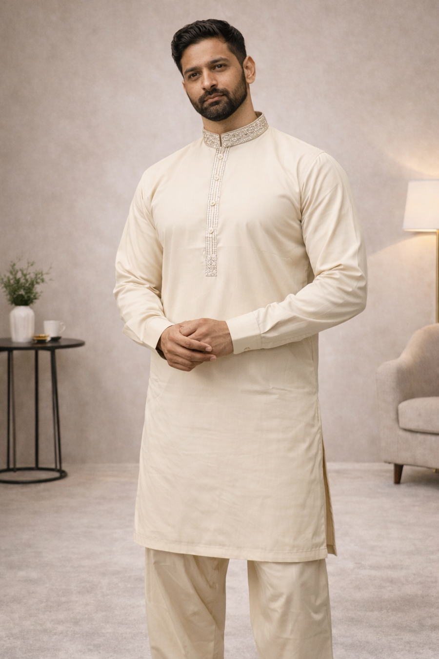 Men’s Casual Embroidered Shalwar Kameez – Wash & Wear Suit