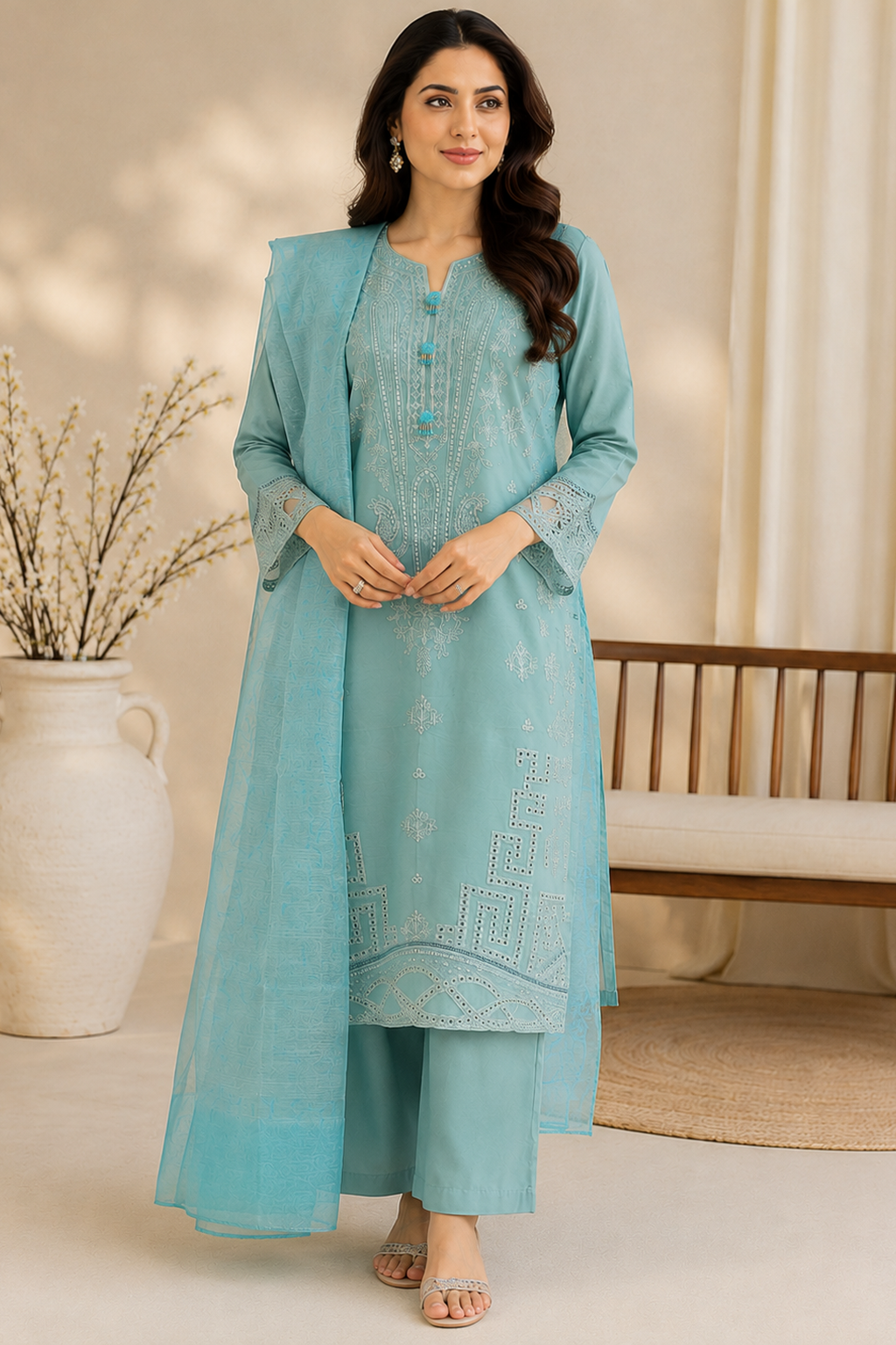 duck egg ladies women pakistan palazzo salwar suit full view for formal occasions like weddings, parties. Ready made Ready to wear ladies palazzo salwar suit