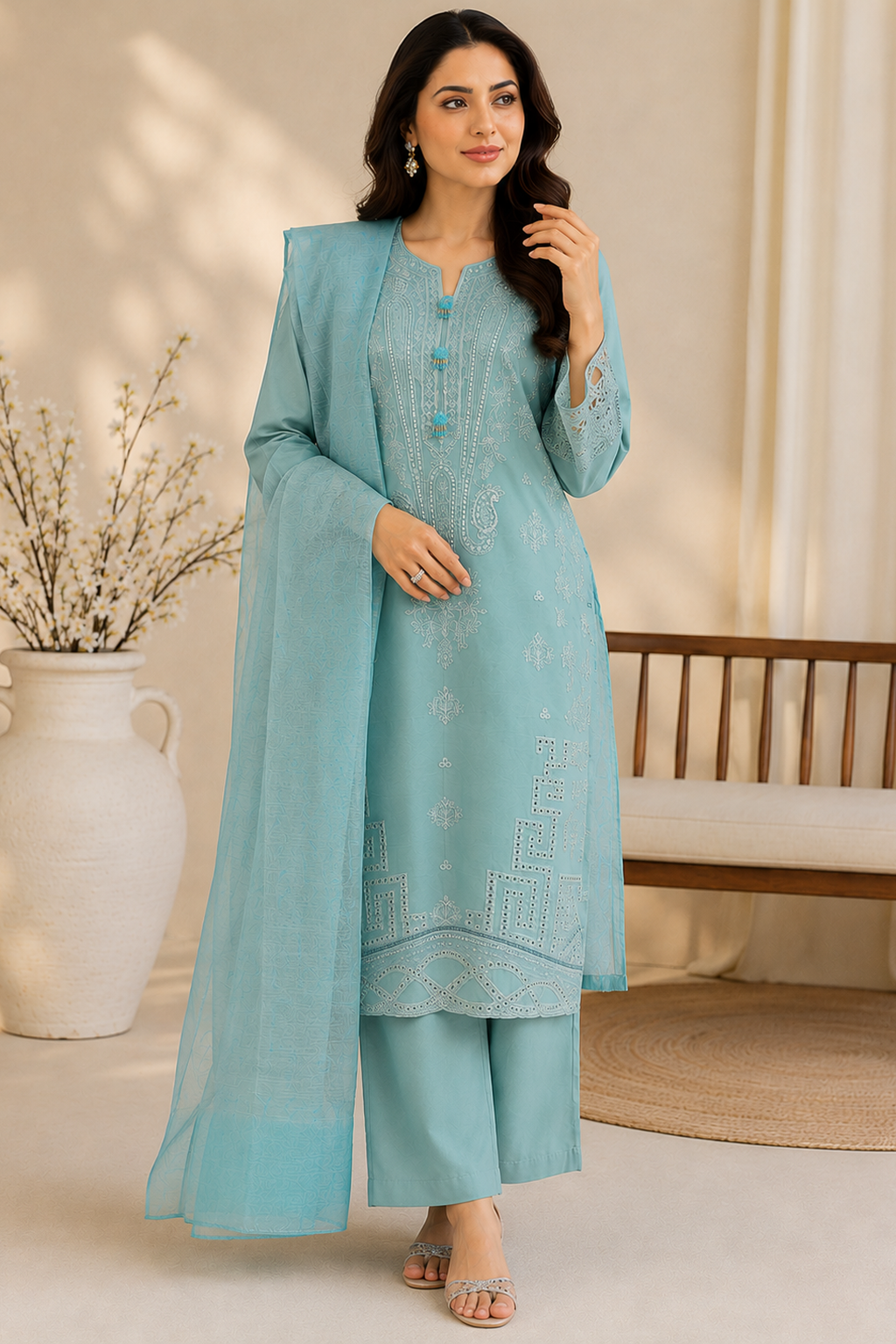 duck egg ladies women pakistan palazzo salwar suit full view for formal occasions like weddings, parties. Ready made Ready to wear ladies palazzo salwar suit
