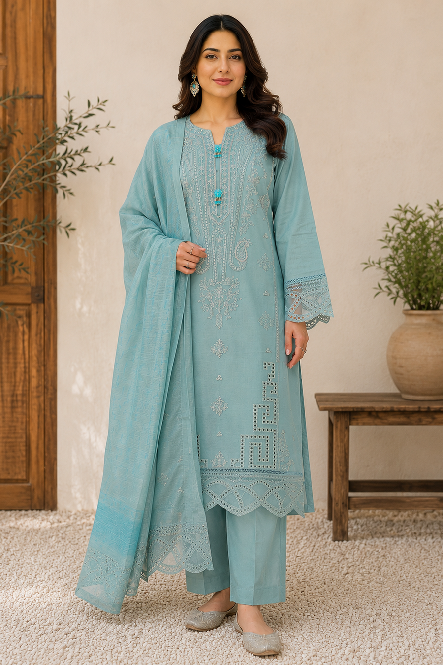 Duck Egg Embroidered Premium Cotton Pakistani Palazzo Salwar Suit