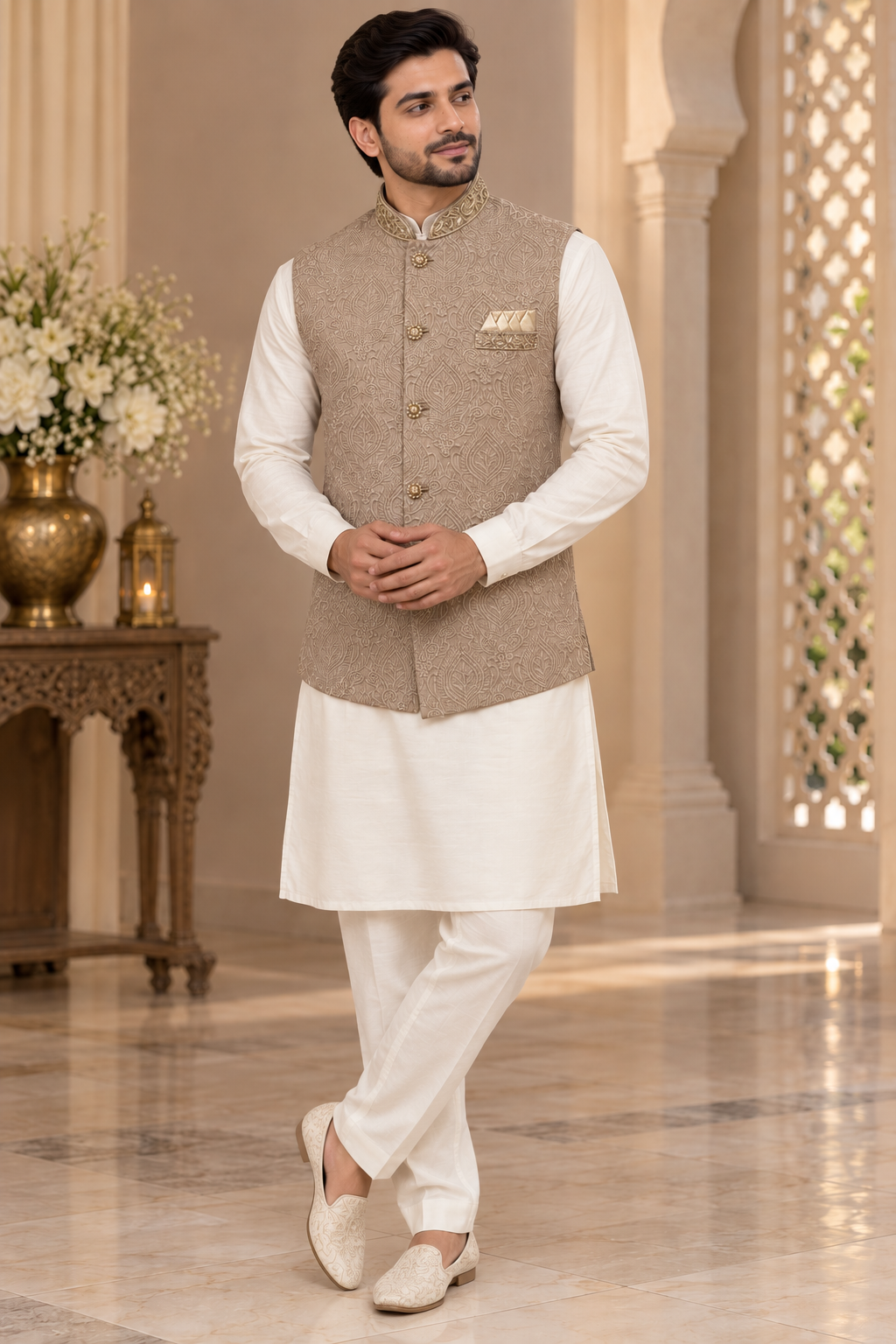 Men’s Dusty Pink Embroidered Nehru Jacket Waistcoat