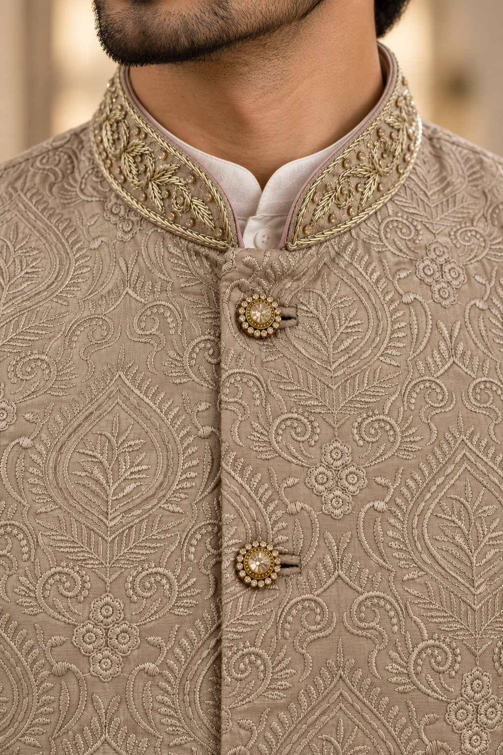 Men’s Dusty Pink Embroidered Nehru Jacket Waistcoat