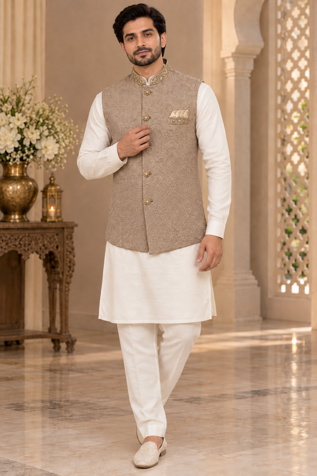 Men’s Dusty Pink Embroidered Nehru Jacket Waistcoat