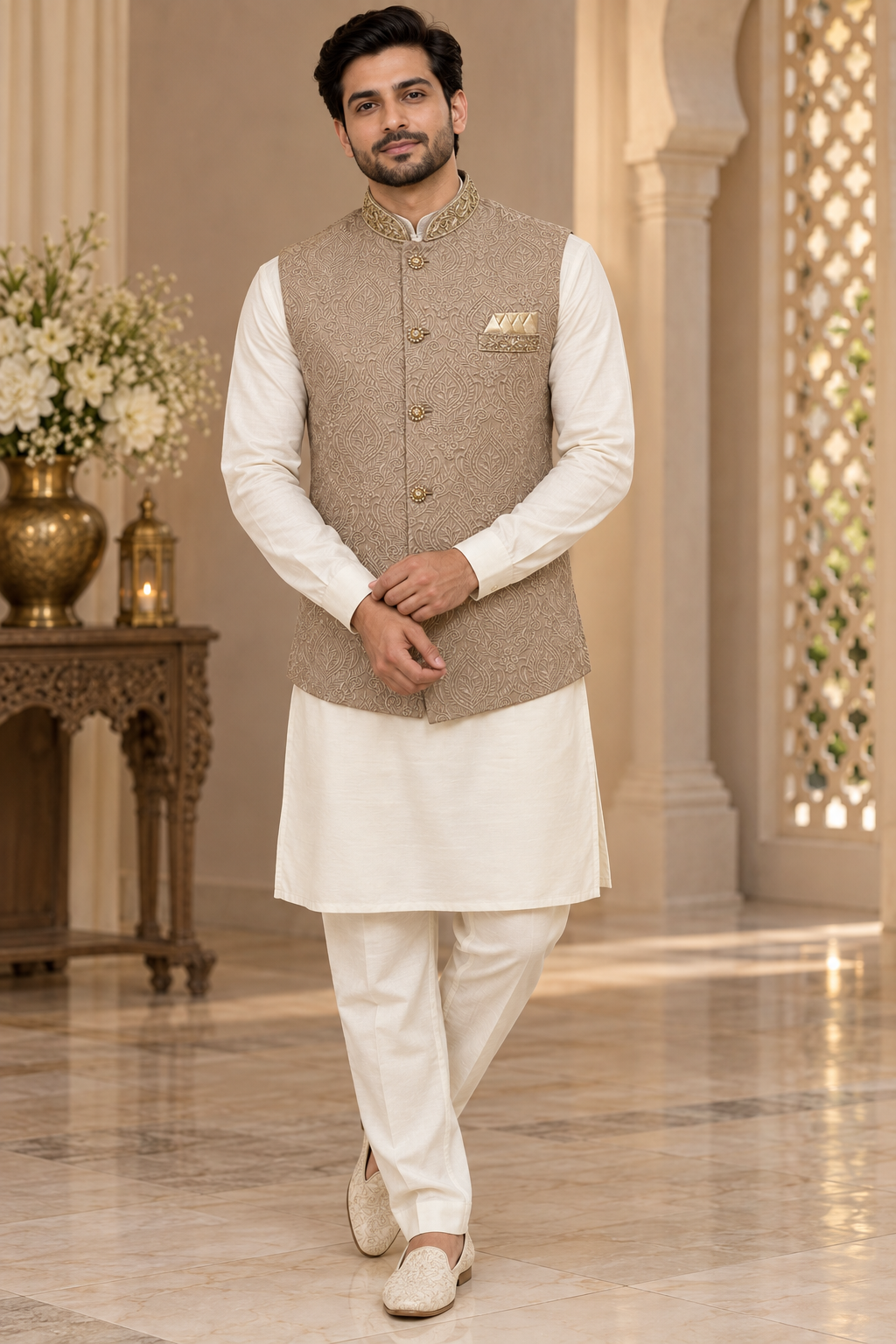 Men’s Dusty Pink Embroidered Nehru Jacket Waistcoat