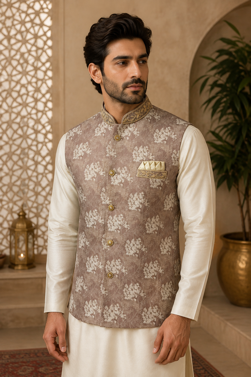 Mens Dusty Pink Waistcoat Floral Brocade Fabric Full View