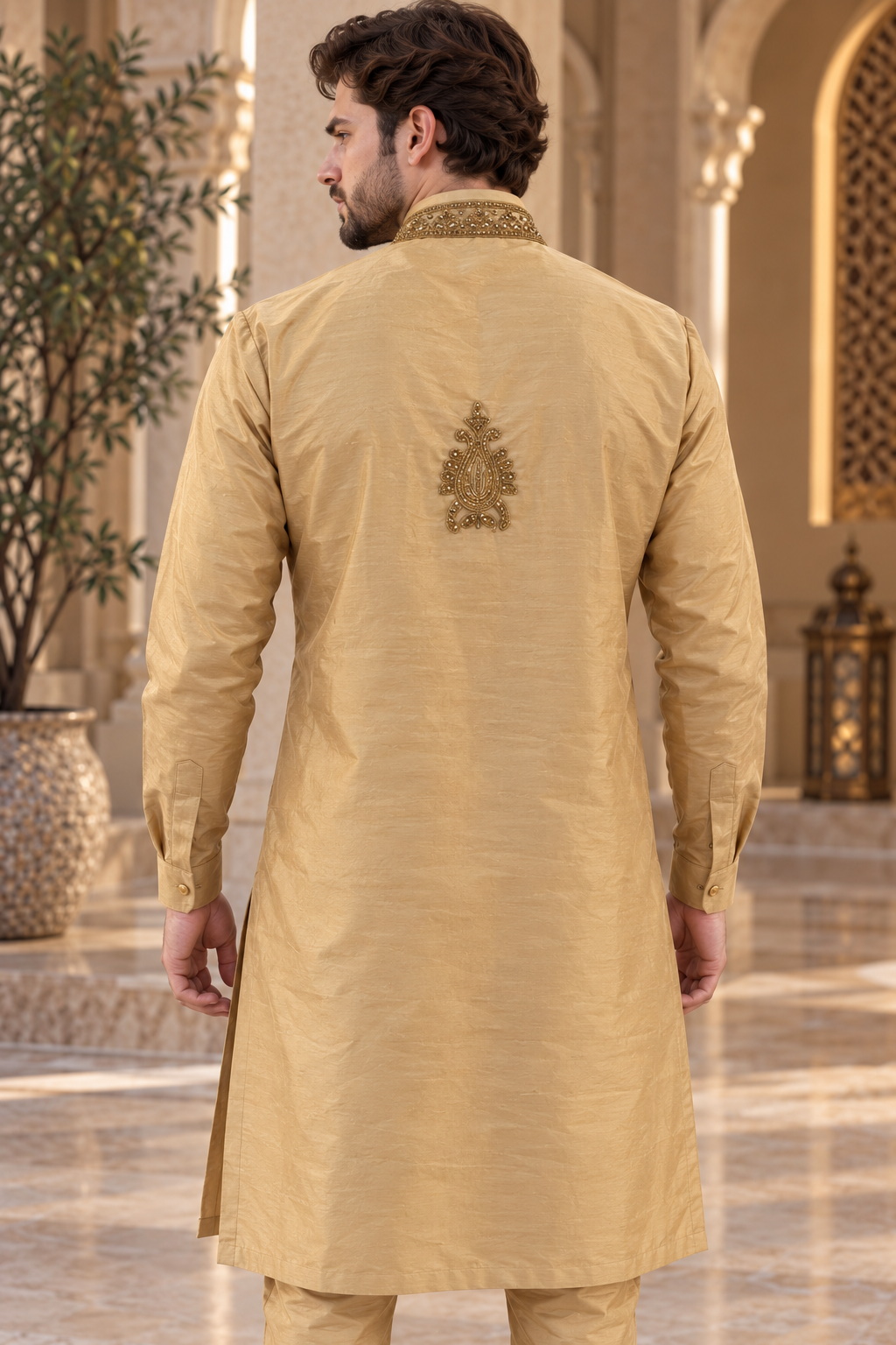 Men’s Gold Embroidered Raw Dupion Silk Kurta Pajama