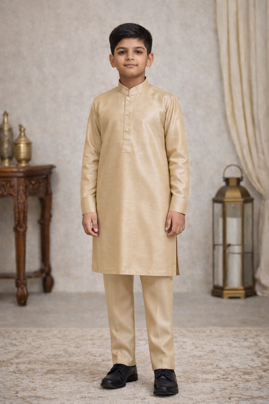 Gold Boys Plain Kurta Pajama - Shiny Raw Silk