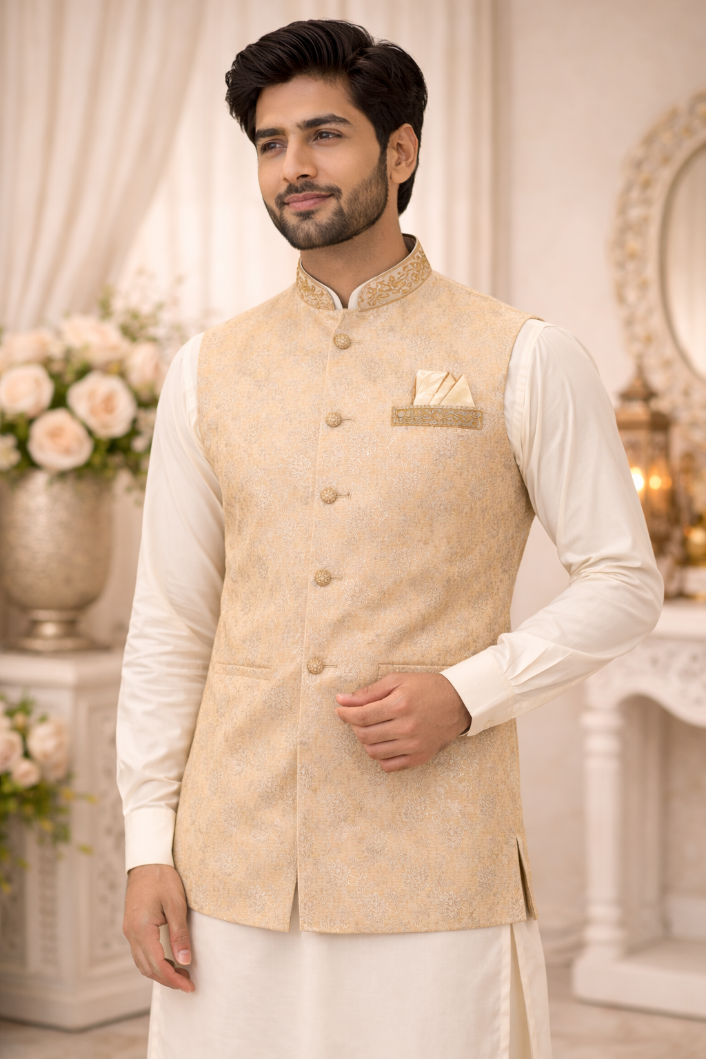 Mens Gold Indian Nehru jacket Printed Jacquard perfect for weddings, parties, formal events.