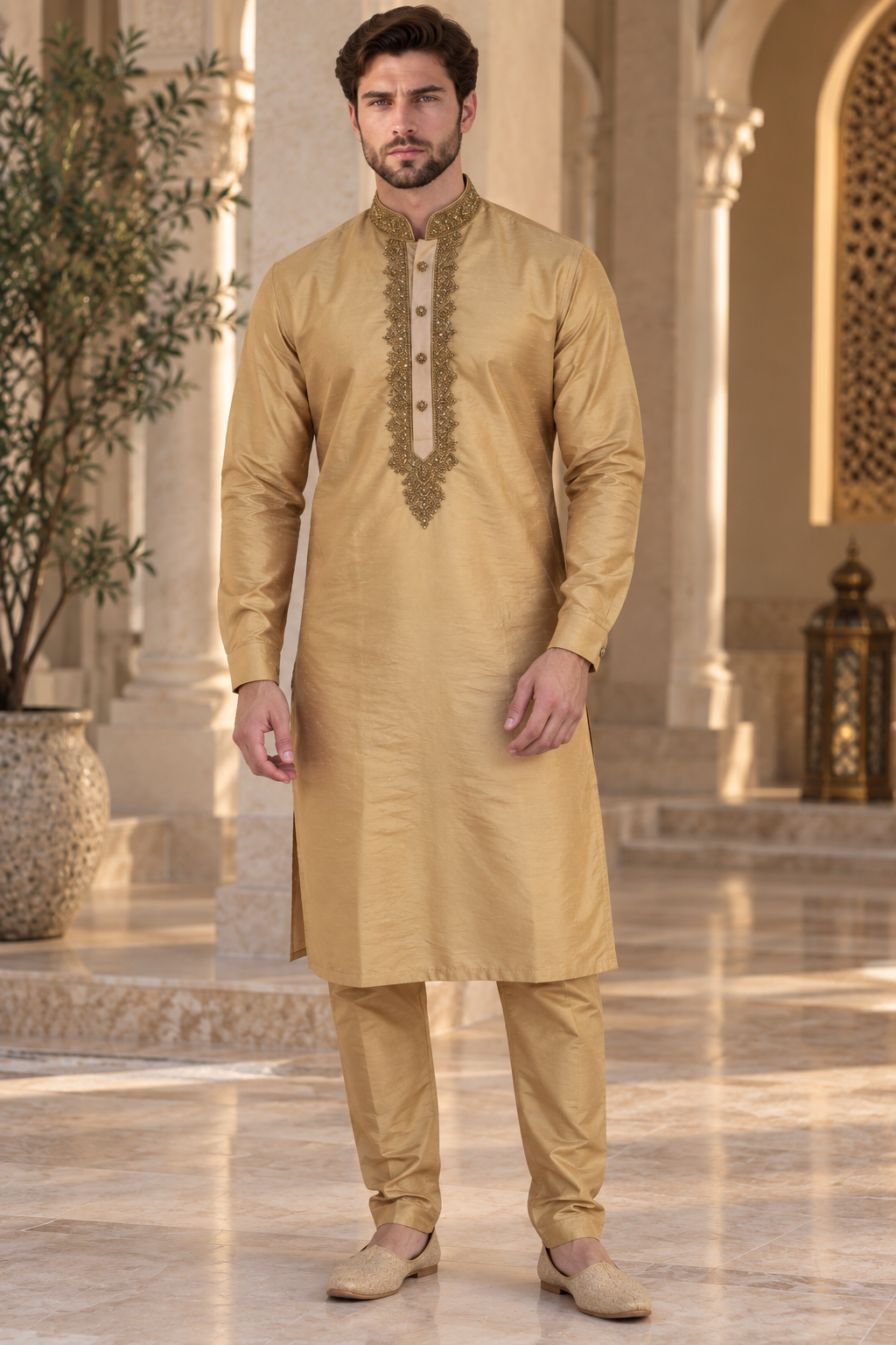 Men’s Gold Embroidered Raw Dupion Silk Kurta Pajama