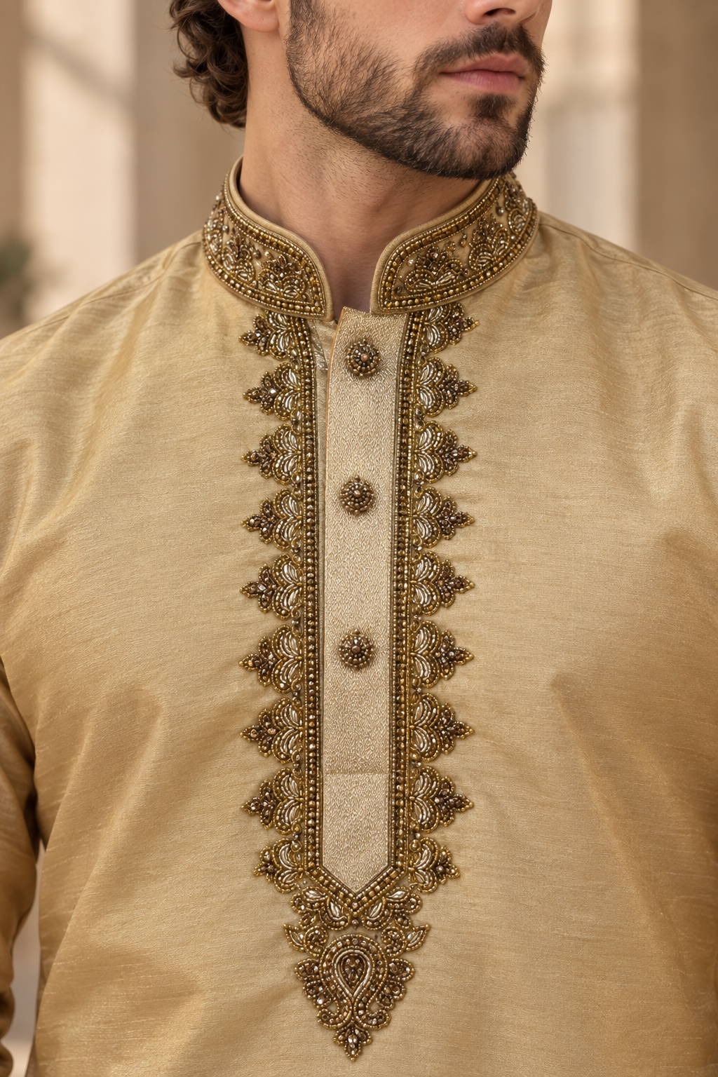 Men’s Gold Embroidered Raw Dupion Silk Kurta Pajama
