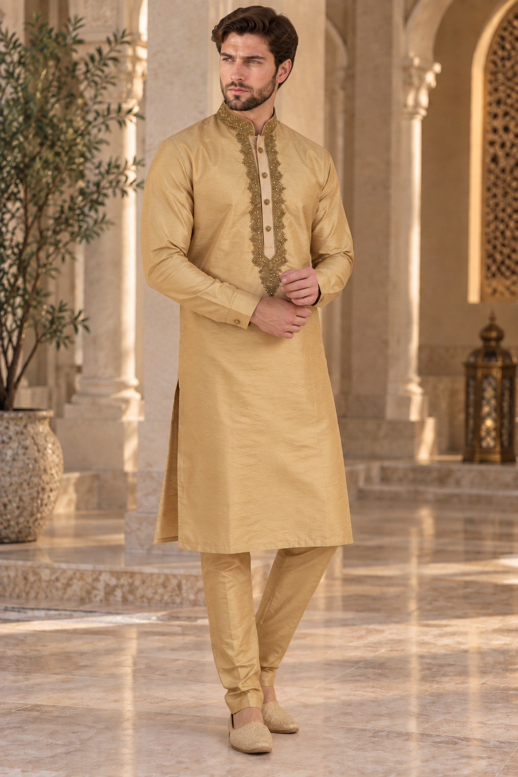 Men’s Gold Embroidered Raw Dupion Silk Kurta Pajama