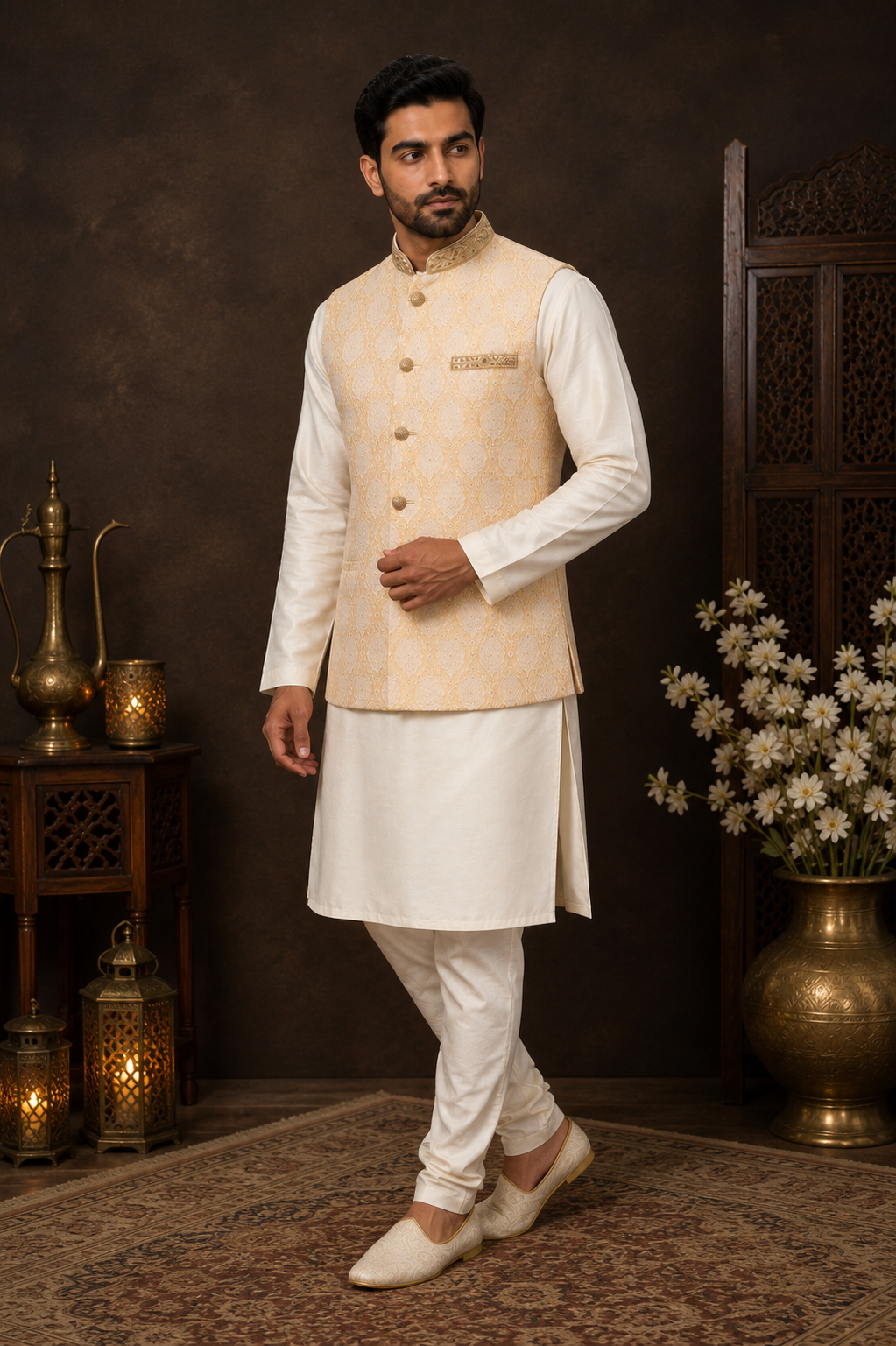Cream & Gold Mens Indian Nehru Jacket