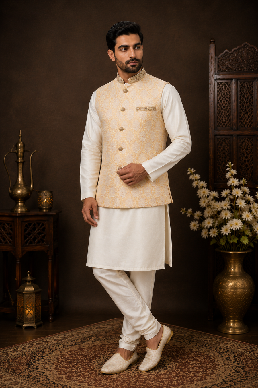 Cream & Gold Mens Indian Nehru Jacket