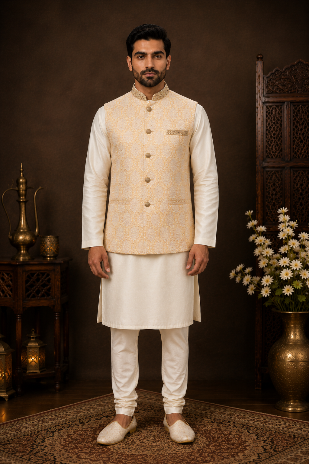 Cream & Gold Mens Indian Nehru Jacket