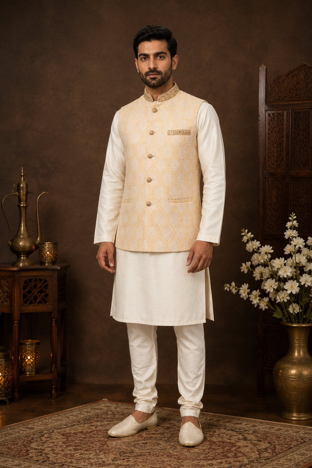 Cream & Gold Mens Indian Nehru Jacket
