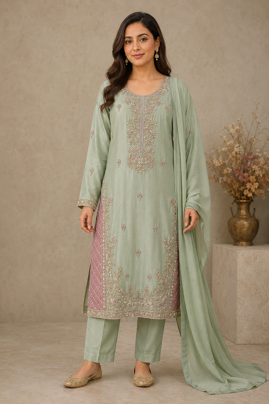 Mint Green Embroidered Indian Suit with Chiffon Dupatta