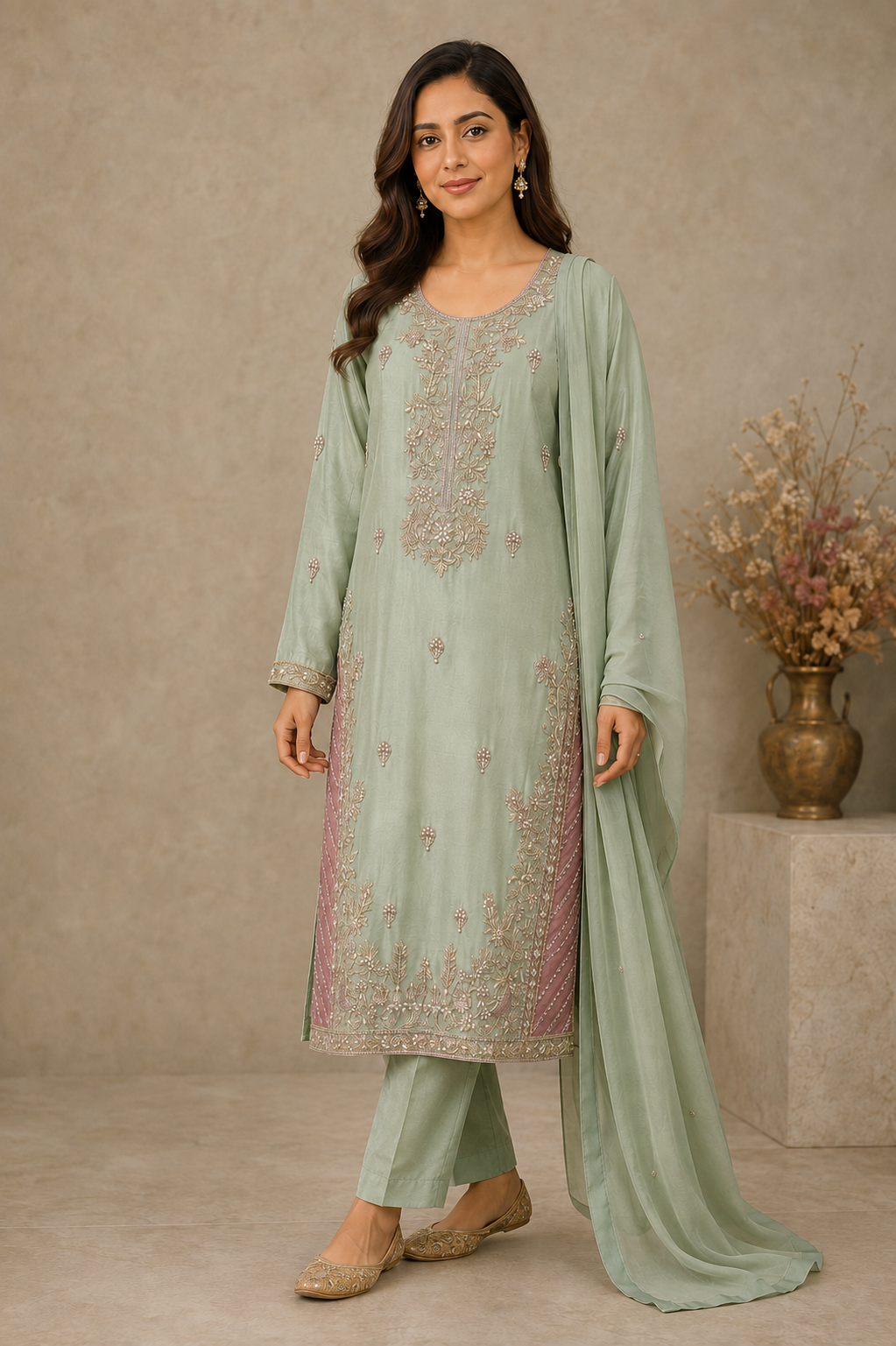 Mint Green Embroidered Indian Suit with Chiffon Dupatta