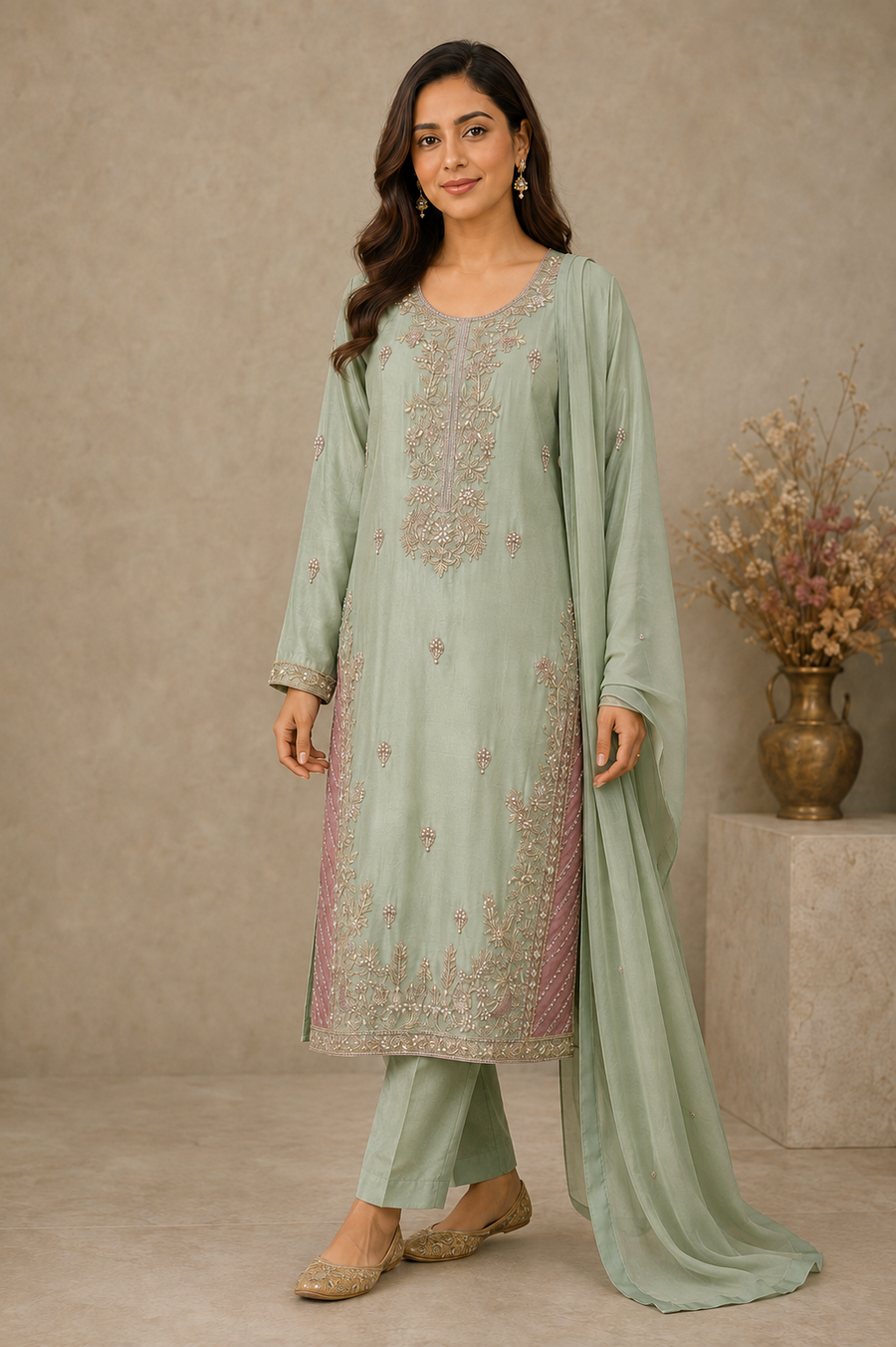 Mint Green Embroidered Indian Suit with Chiffon Dupatta