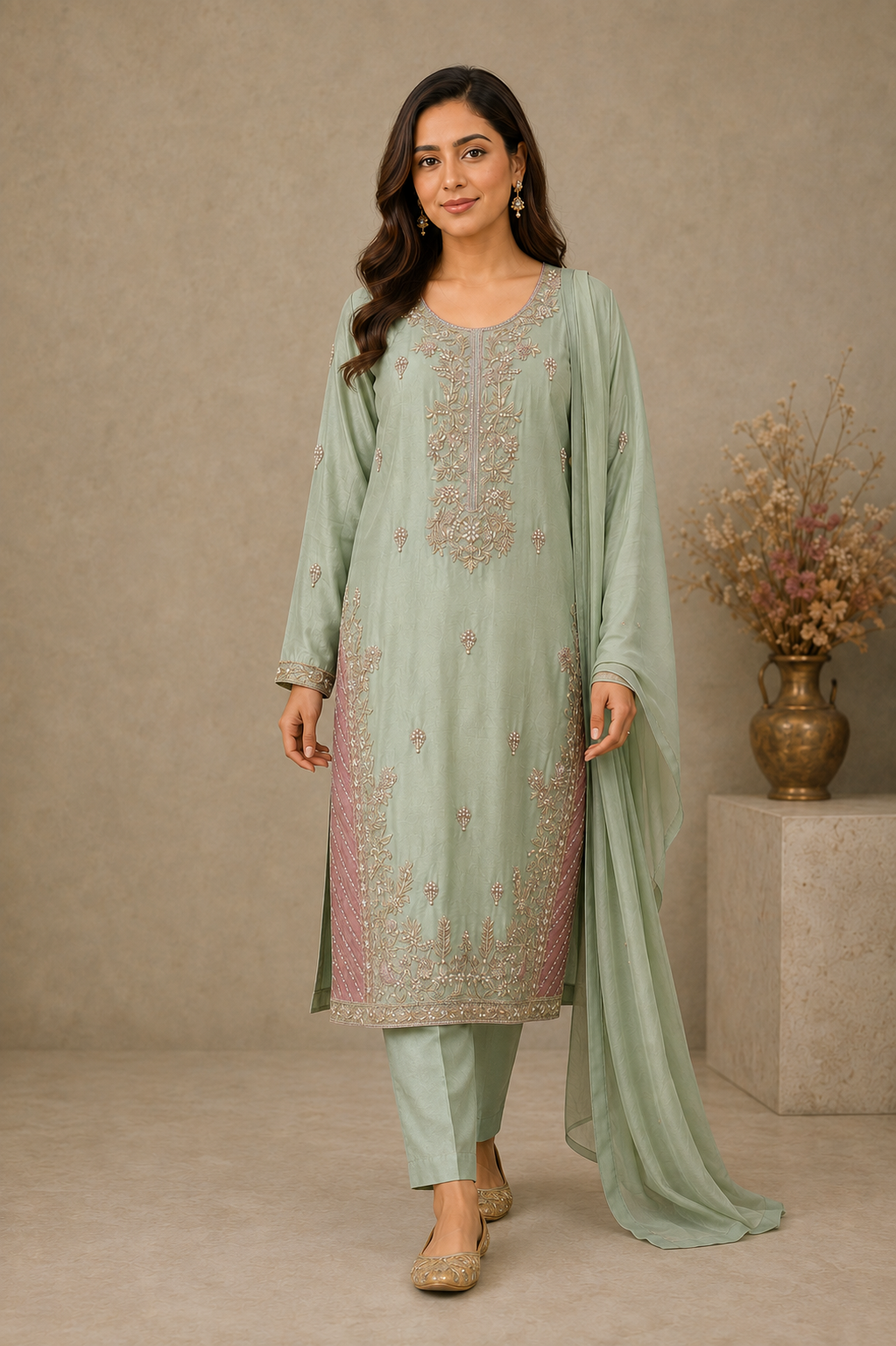 Mint Green Embroidered Indian Suit with Chiffon Dupatta