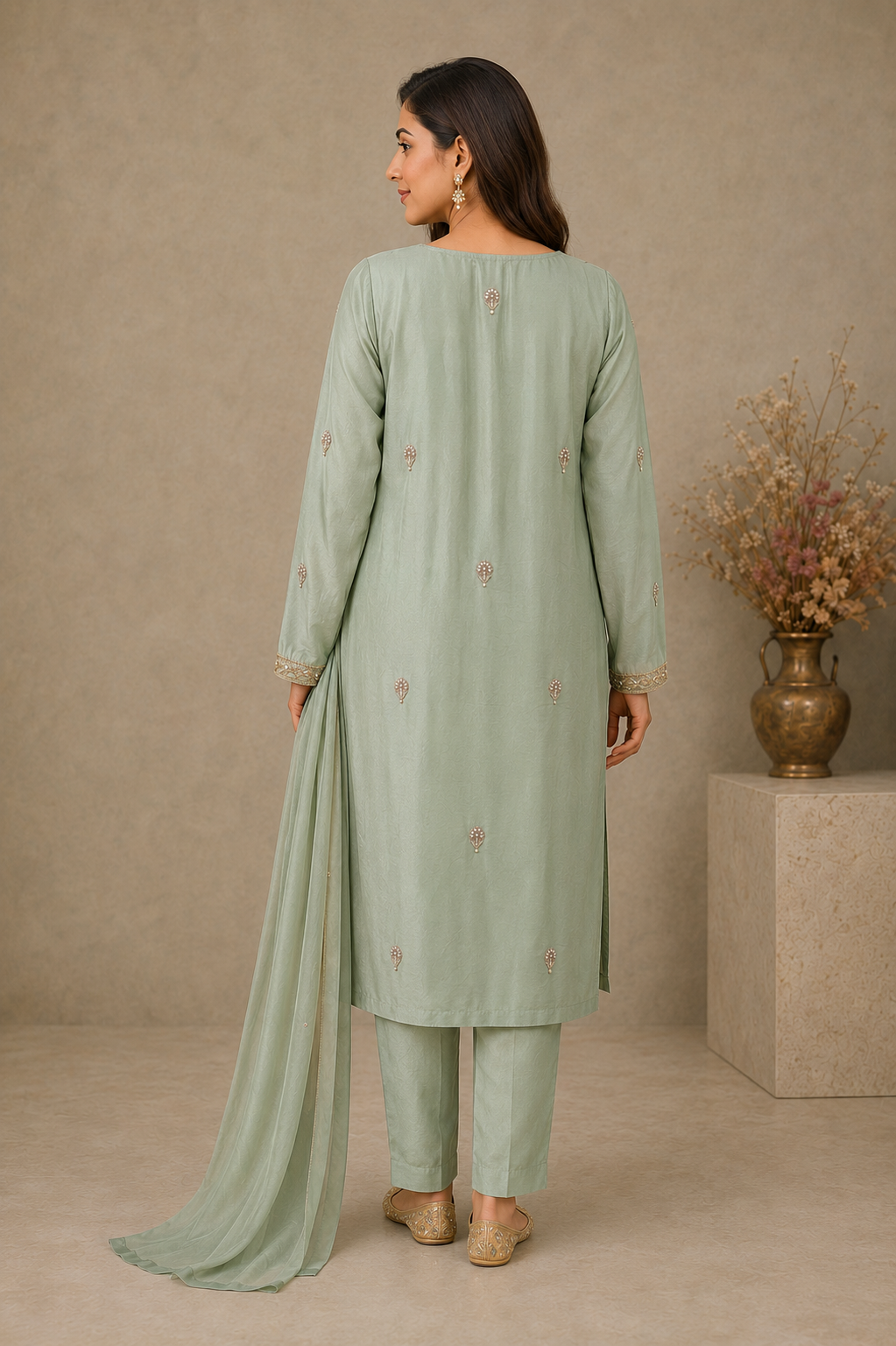 Mint Green Embroidered Indian Suit with Chiffon Dupatta