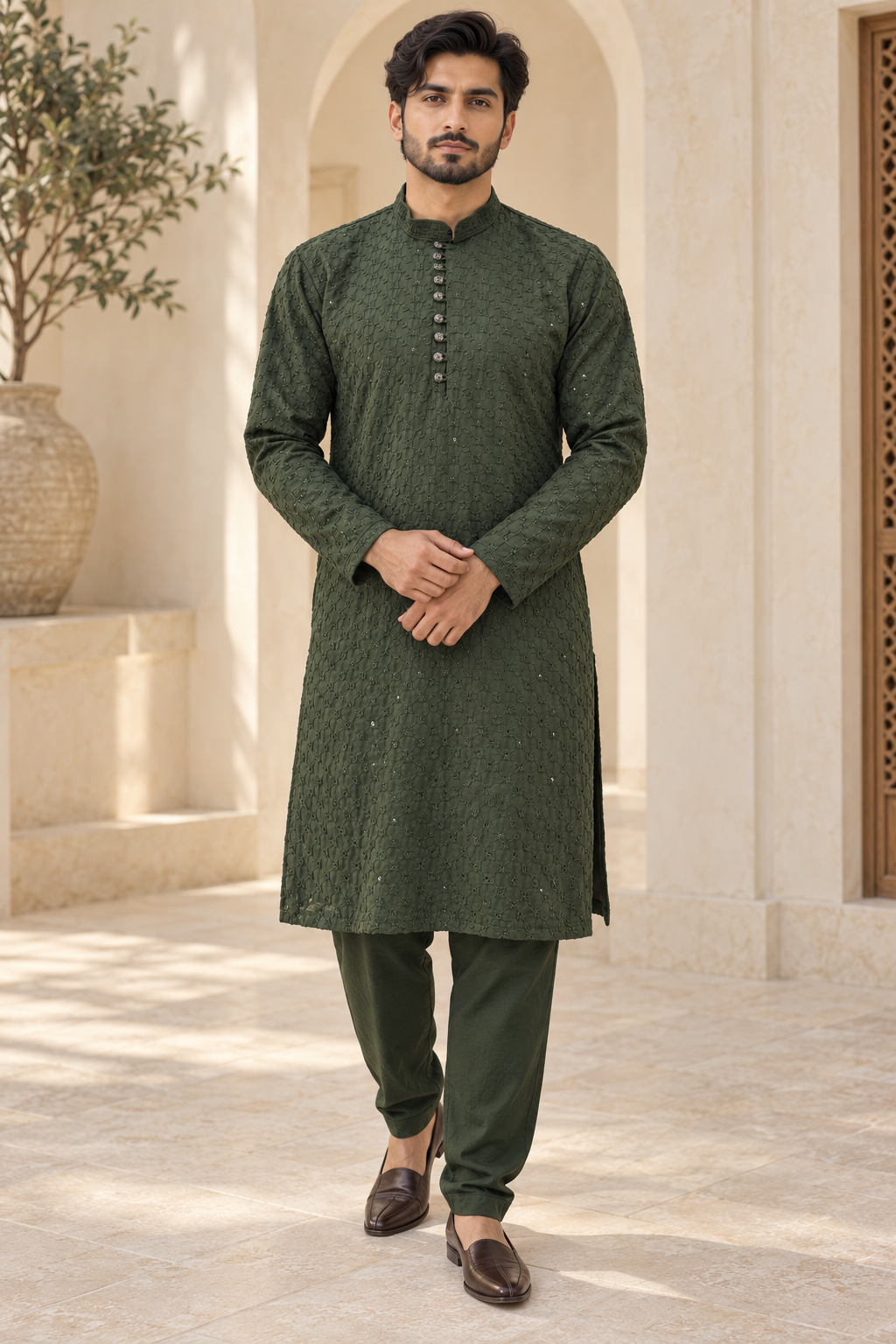 Men’s Green Chikankari Kurta Pajama with Embroidery & Sequin Detail