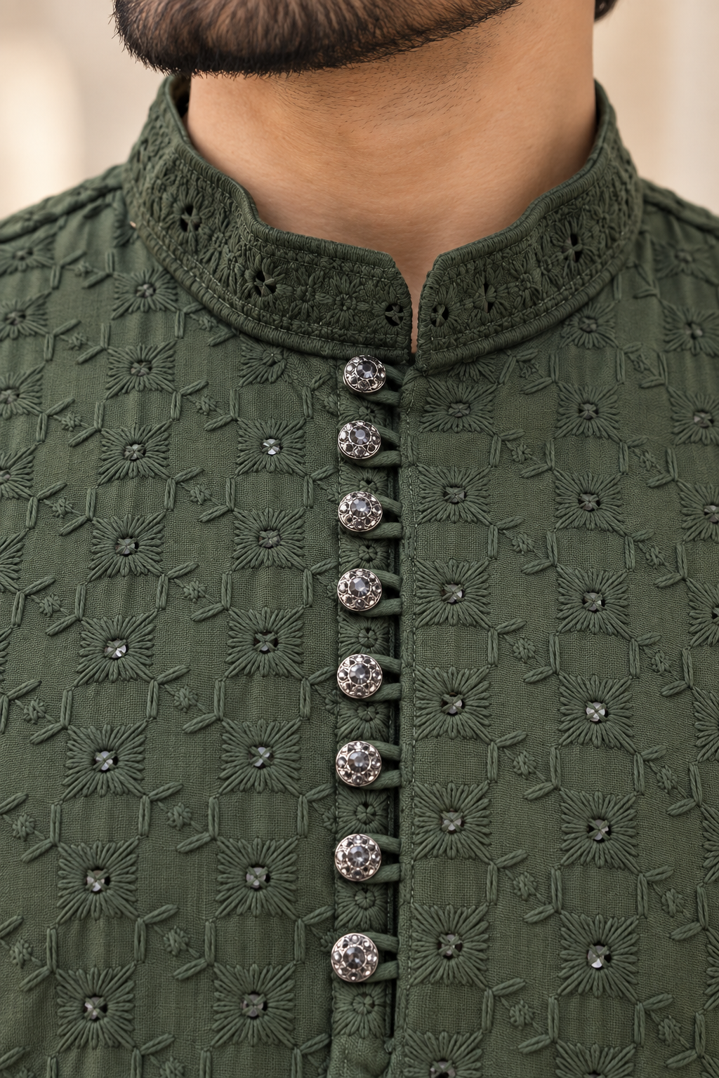 Men’s Green Chikankari Kurta Pajama with Embroidery & Sequin Detail