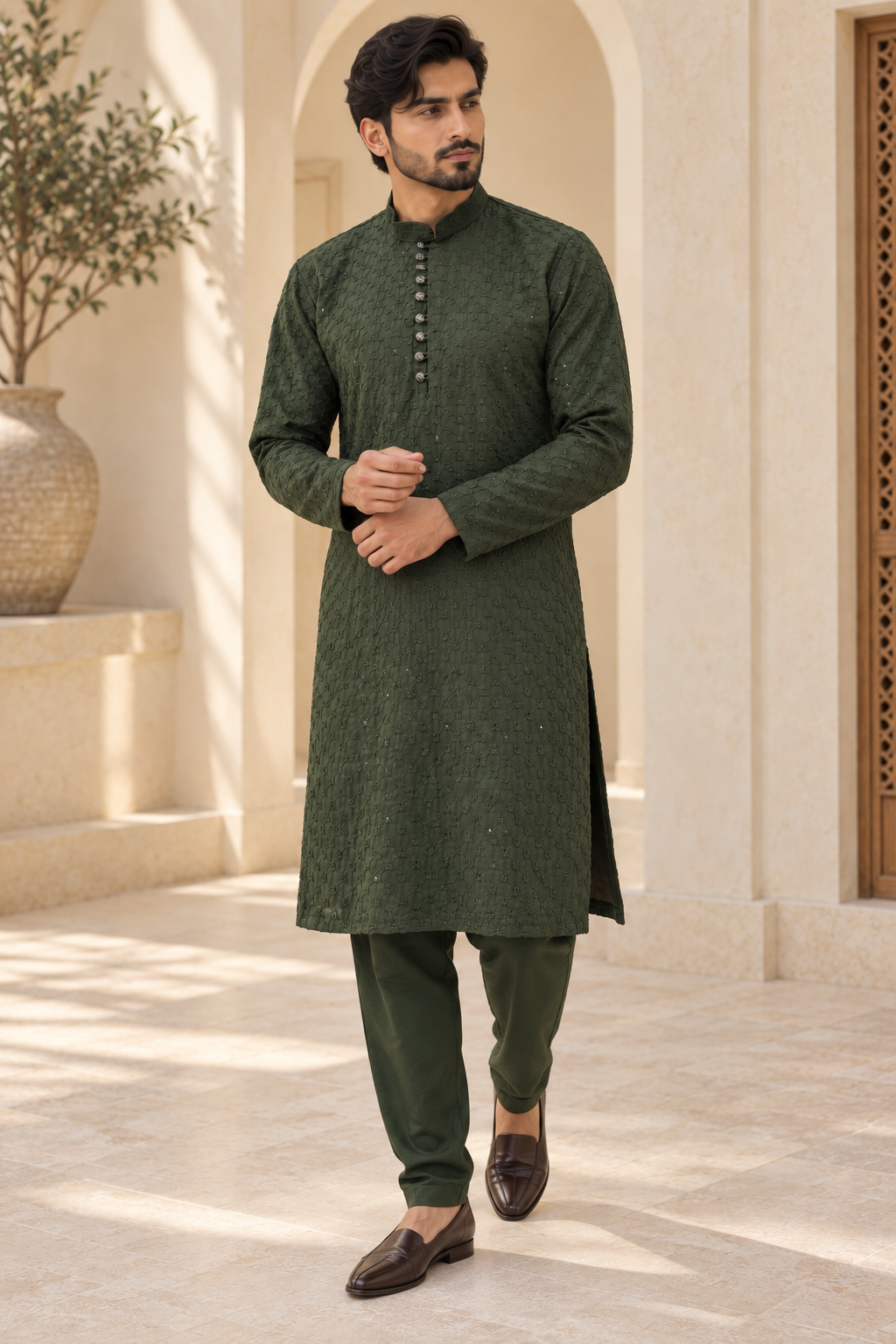 Men’s Green Chikankari Kurta Pajama with Embroidery & Sequin Detail