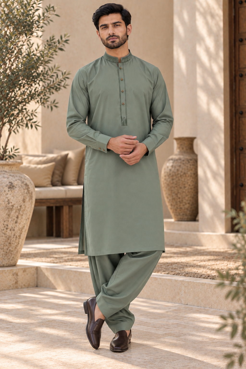 Men’s Green Embroidered Pakistani Shalwar Kameez