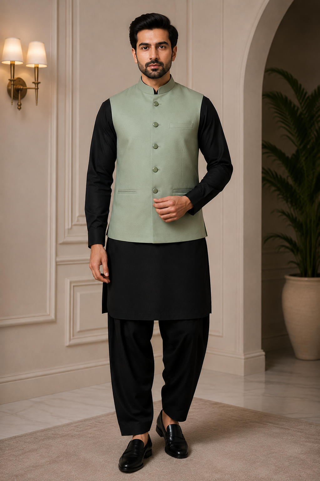 mens indian sage green nehru jacket waistcoat