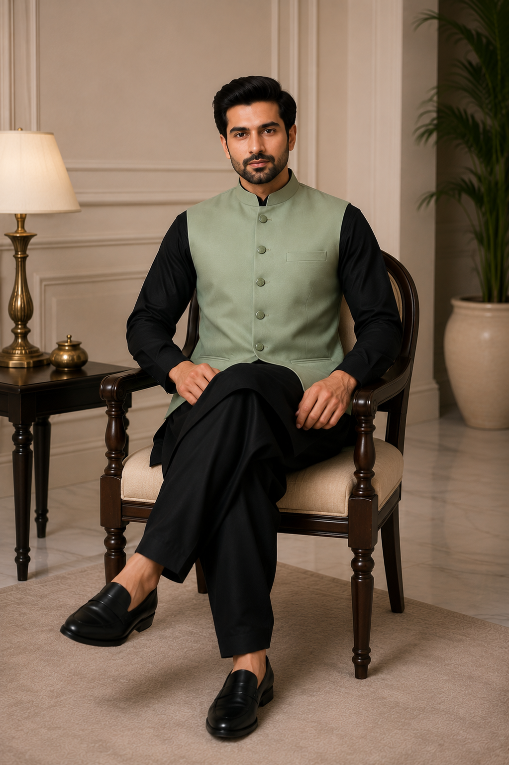 mens indian sage green nehru jacket waistcoat