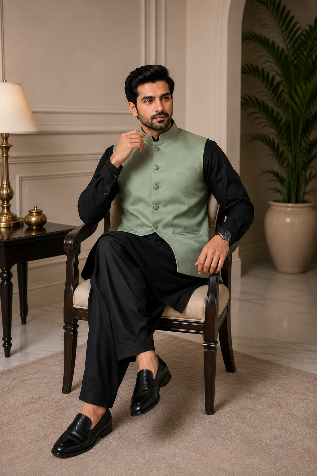 mens indian sage green nehru jacket waistcoat
