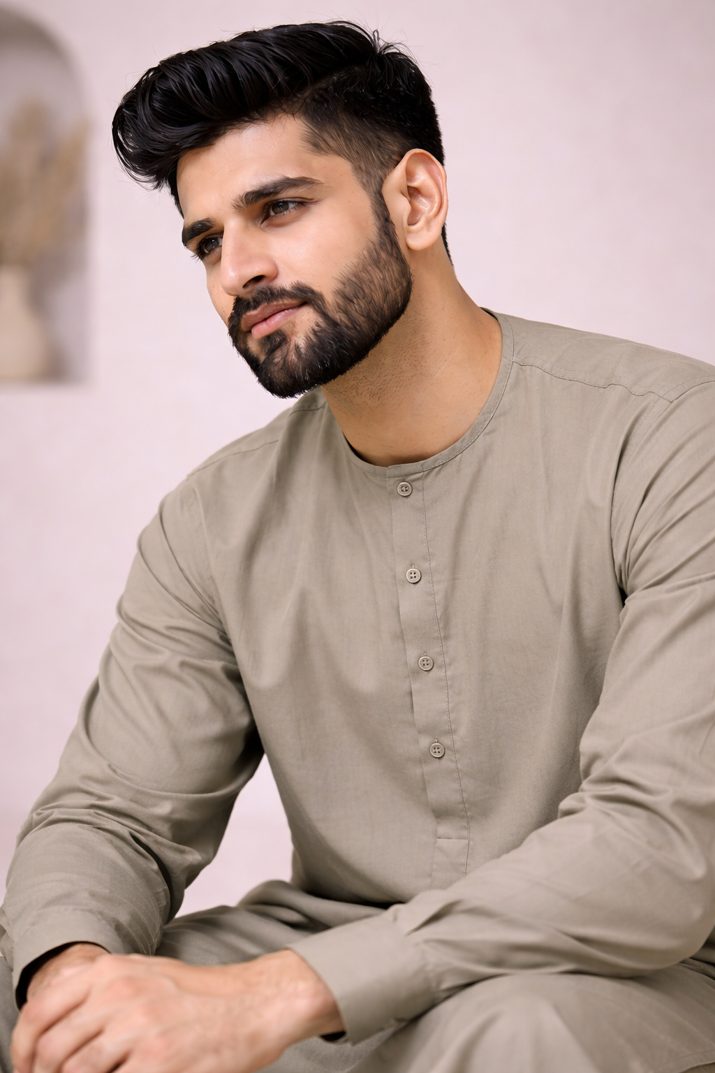 Mens Green Plain Round Neck Shalwar Kameez