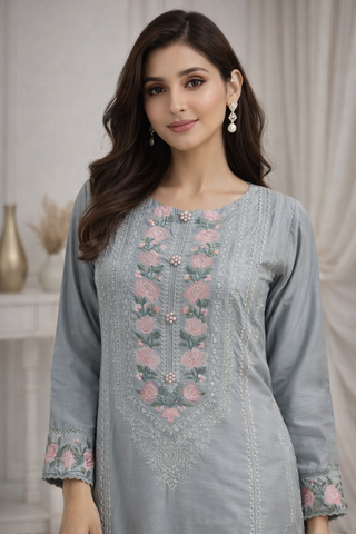 Grey Trouser Suit For Ladies Casual Wear With Scarf And Floral Embroidery Close Up