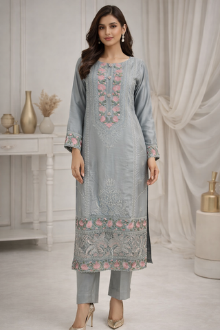 Grey Trouser Suit For Ladies Casual Wear With Scarf And Floral Embroidery, Full View