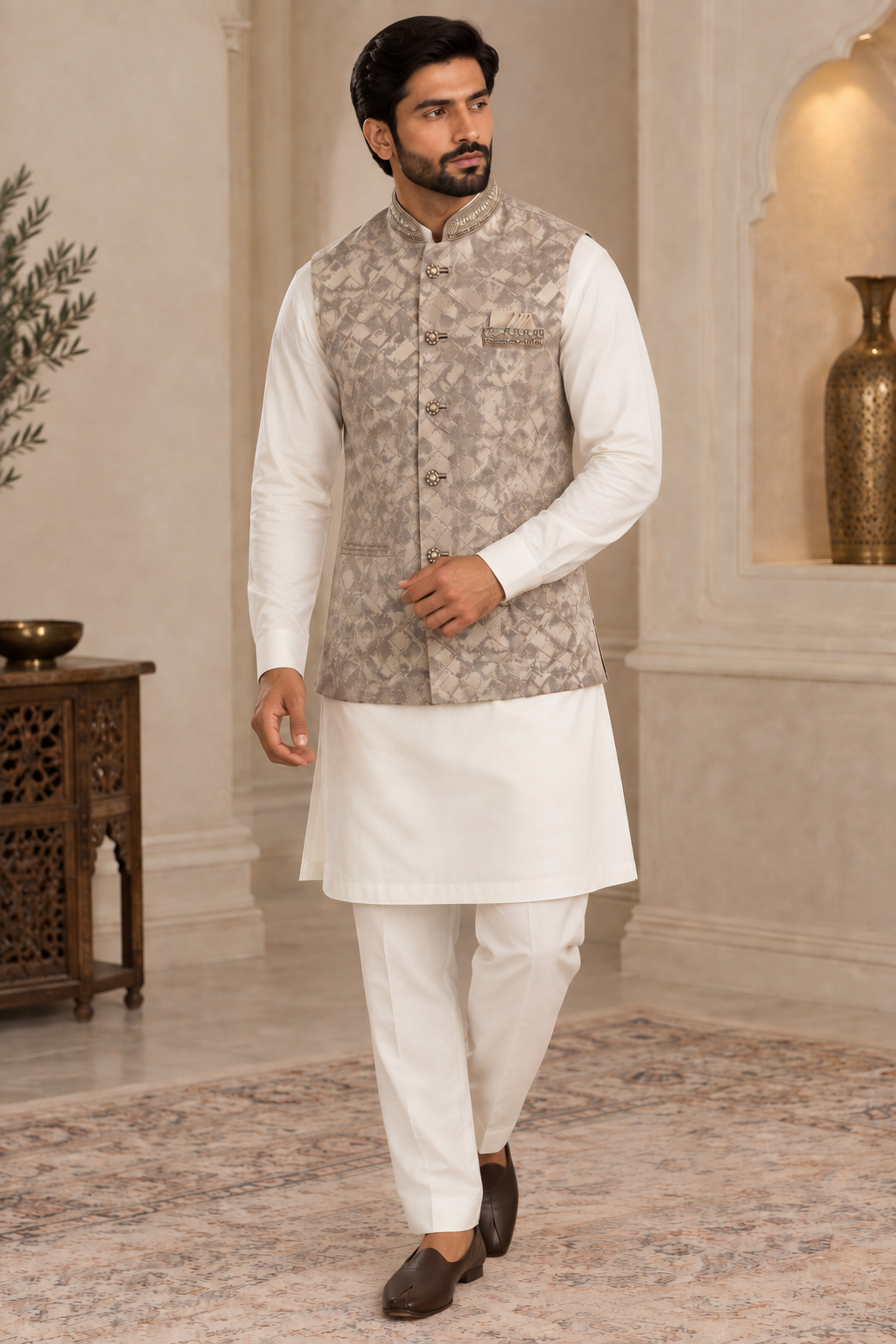 Mens Grey Faux Indian Nehru Jacket
