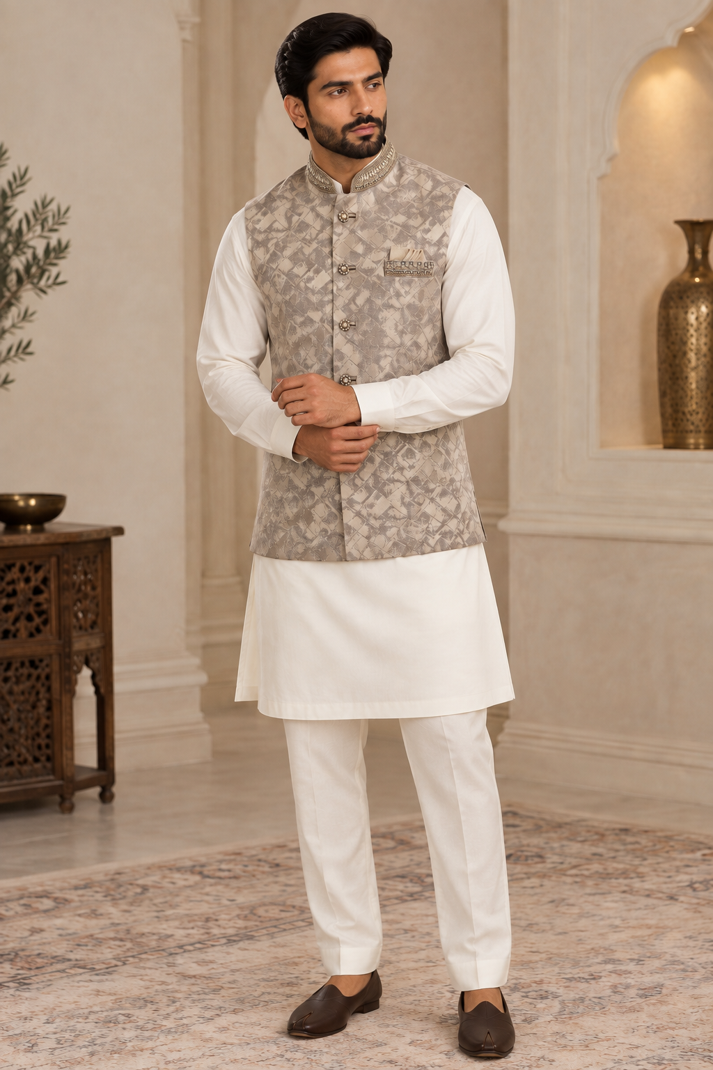 Mens Grey Faux Indian Nehru Jacket