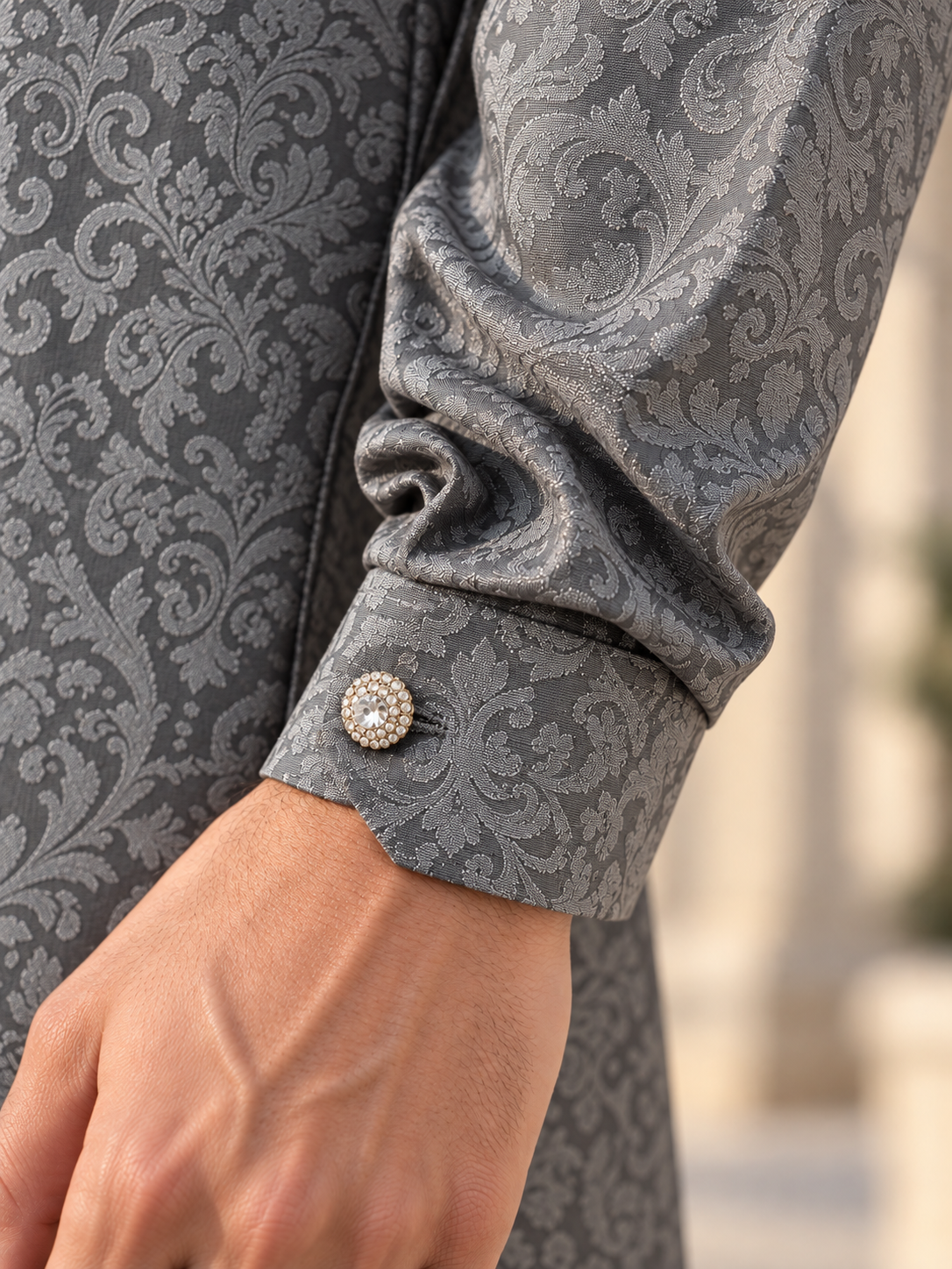 Men’s Grey Jacquard Kurta Pajama with Diamante Collar